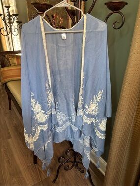 Light Blue Embroidered Boho Kimono Cover-Up